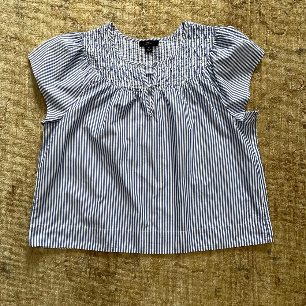 J Crew Navy Striped Top with Pin Tuck Detail, Size M